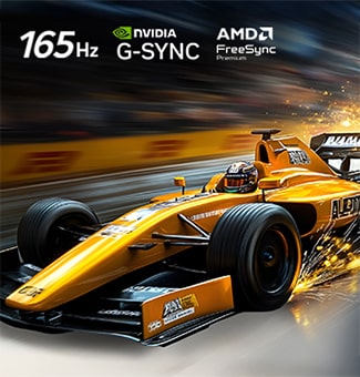 LG OLED evo AI C6 for Unbeatable Gameplay in 4K 165Hz shows a high-speed racing game with a yellow open-wheel car in motion, with NVIDIA G-SYNC and AMD FreeSync Premium logos visible at the top of the screen.