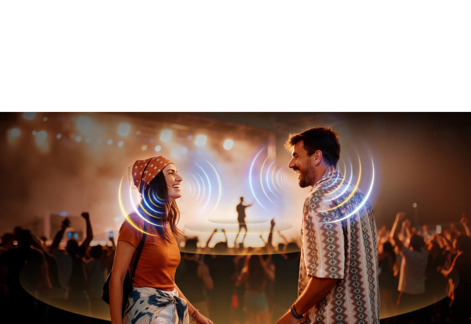LG OLED evo AI C6 with AI Object Remastering Ultra shows two people facing each other at a crowded concert, clarifying voices amid loud background noise and delivering crystal-clear, immersive audio.