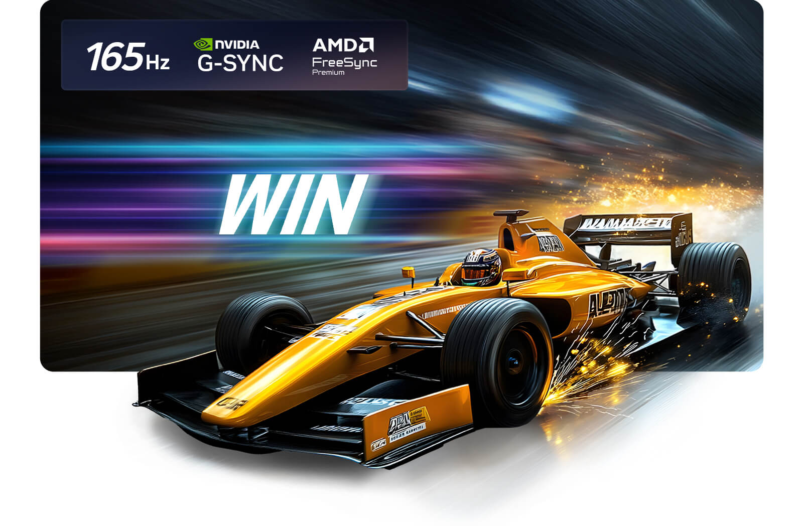 LG OLED evo AI C6 for Unbeatable Gameplay in 4K 165Hz shows a high-speed racing game with a yellow open-wheel car in motion, bold “WIN” text on screen, and NVIDIA G-SYNC and AMD FreeSync Premium logos at the top. 