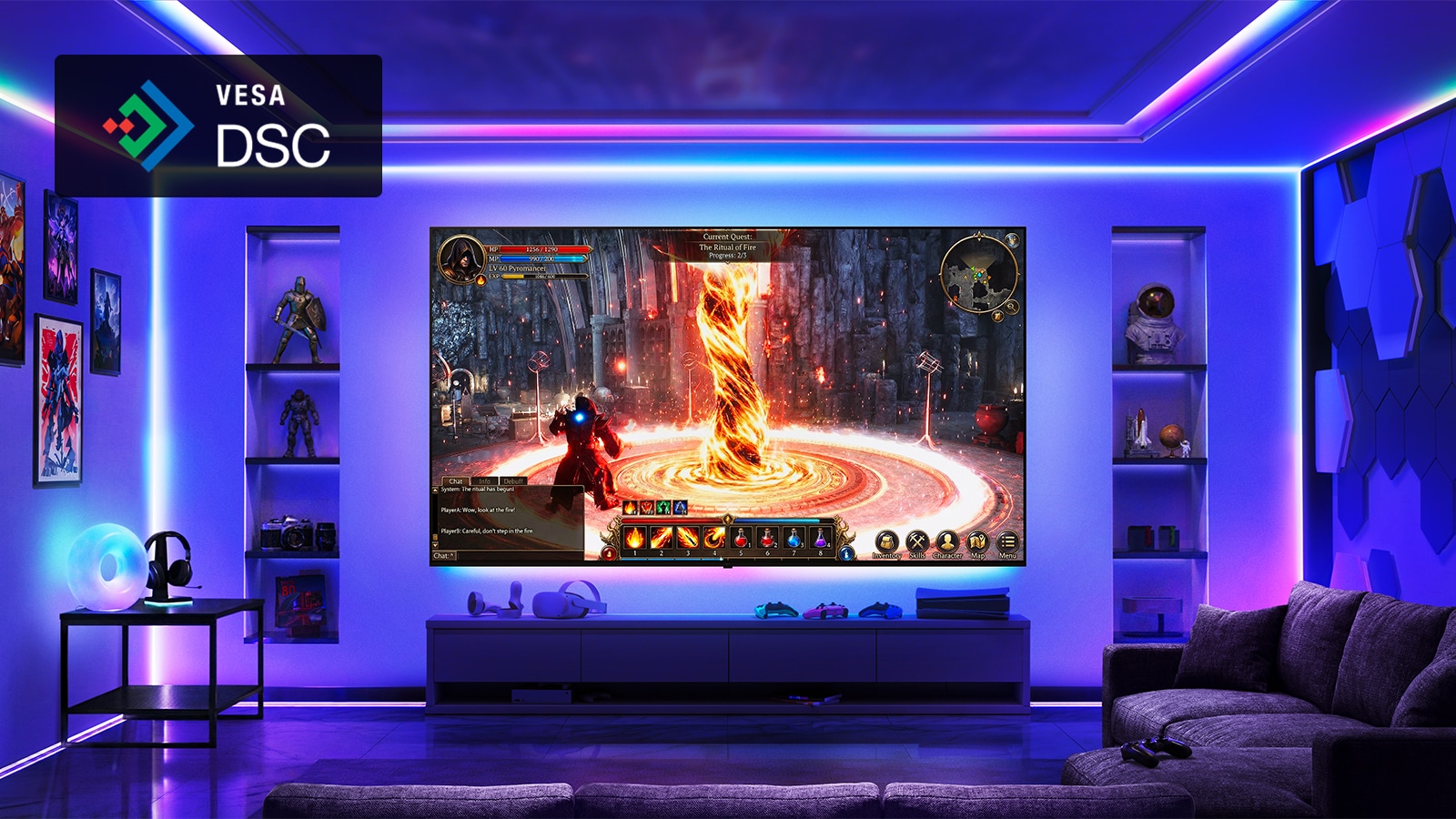 LG OLED evo AI C6 with VESA-certified DSC delivers visually lossless, low-latency gaming, as a large wall-mounted display shows a vivid action game in a neon-lit living room, highlighting smooth motion and high-resolution detail.