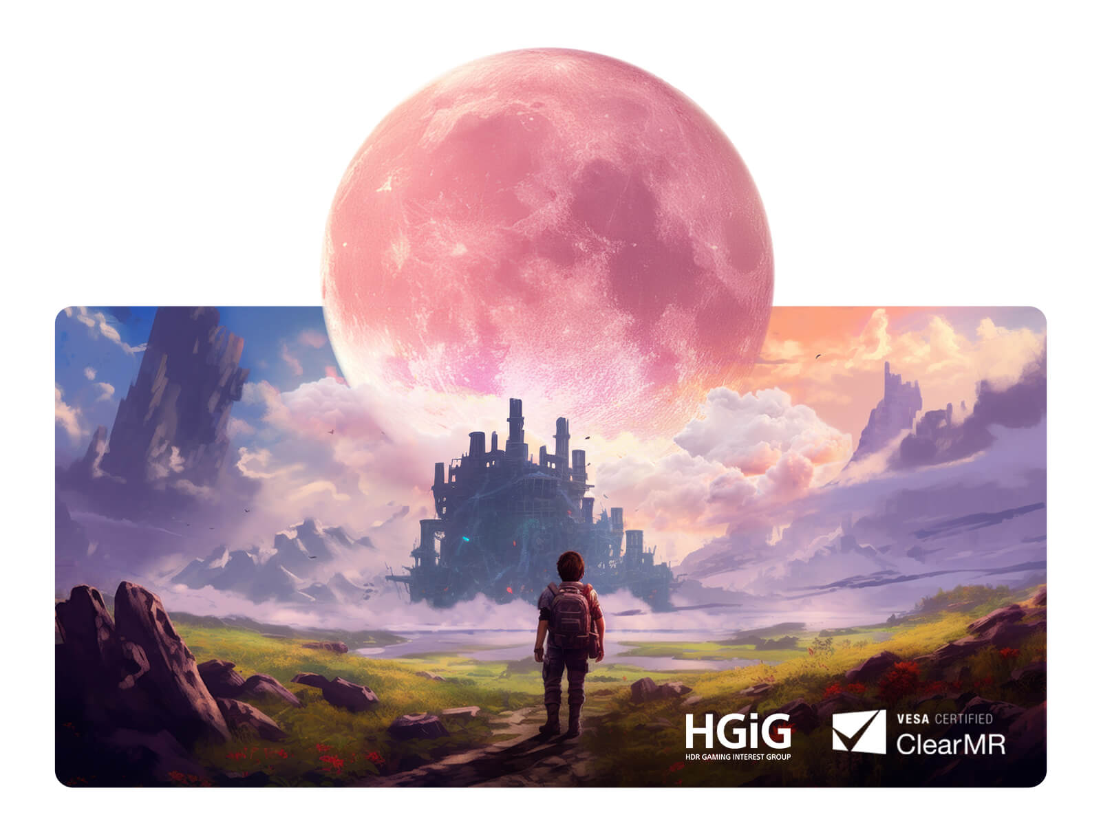 LG OLED evo AI C6 with Clear Motion shows a game scene of a character walking toward a castle beneath a large moon, with on-screen HGiG and VESA Certified ClearMR text highlighting smooth, clear motion.