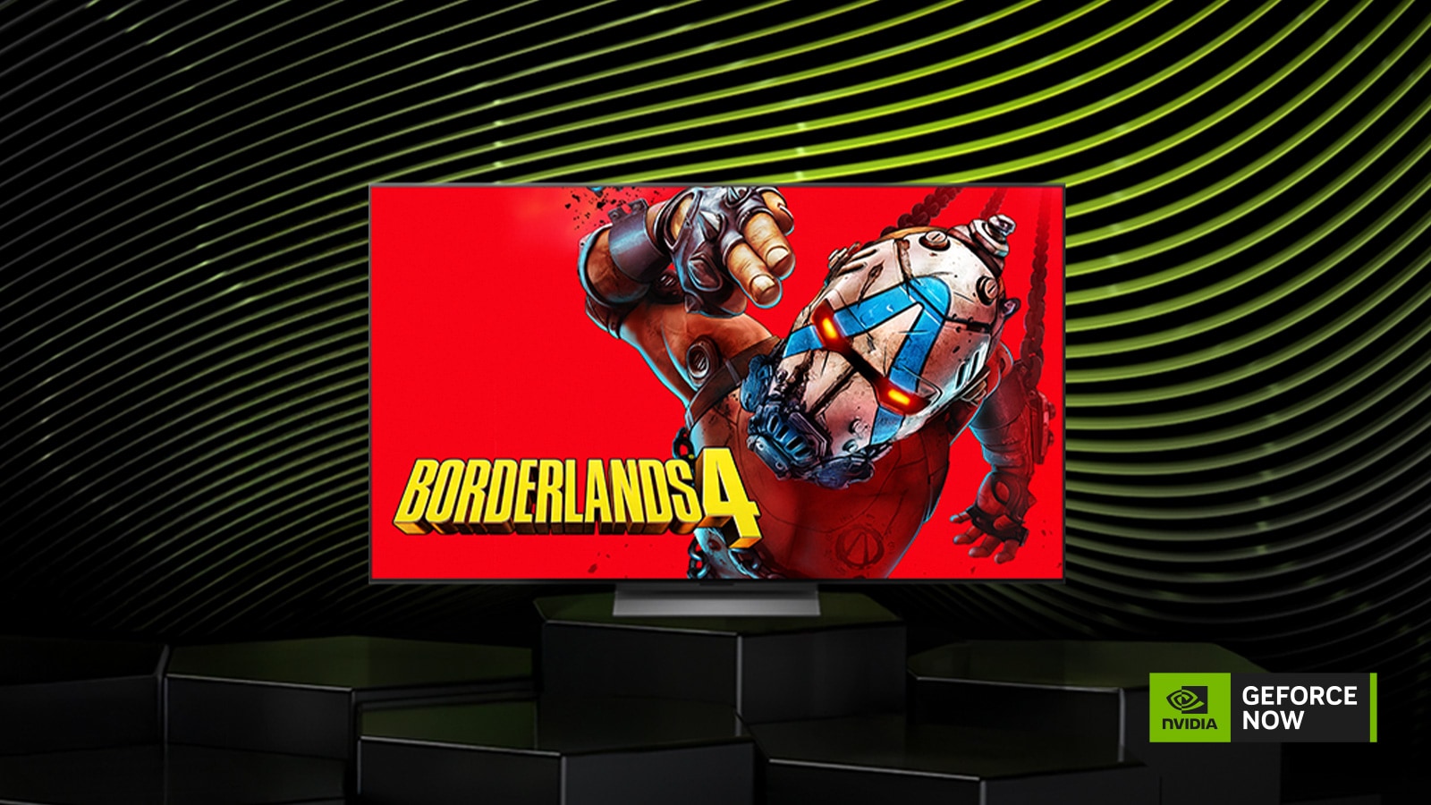 LG OLED evo AI C6 with NVIDIA GeForce NOW displays Borderlands 4 on screen alongside a GeForce NOW logo, presenting cloud gaming access within the TV interface.