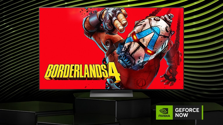 LG OLED evo AI C6 with NVIDIA GeForce NOW displays Borderlands 4 on screen alongside a GeForce NOW logo, presenting cloud gaming access within the TV interface.