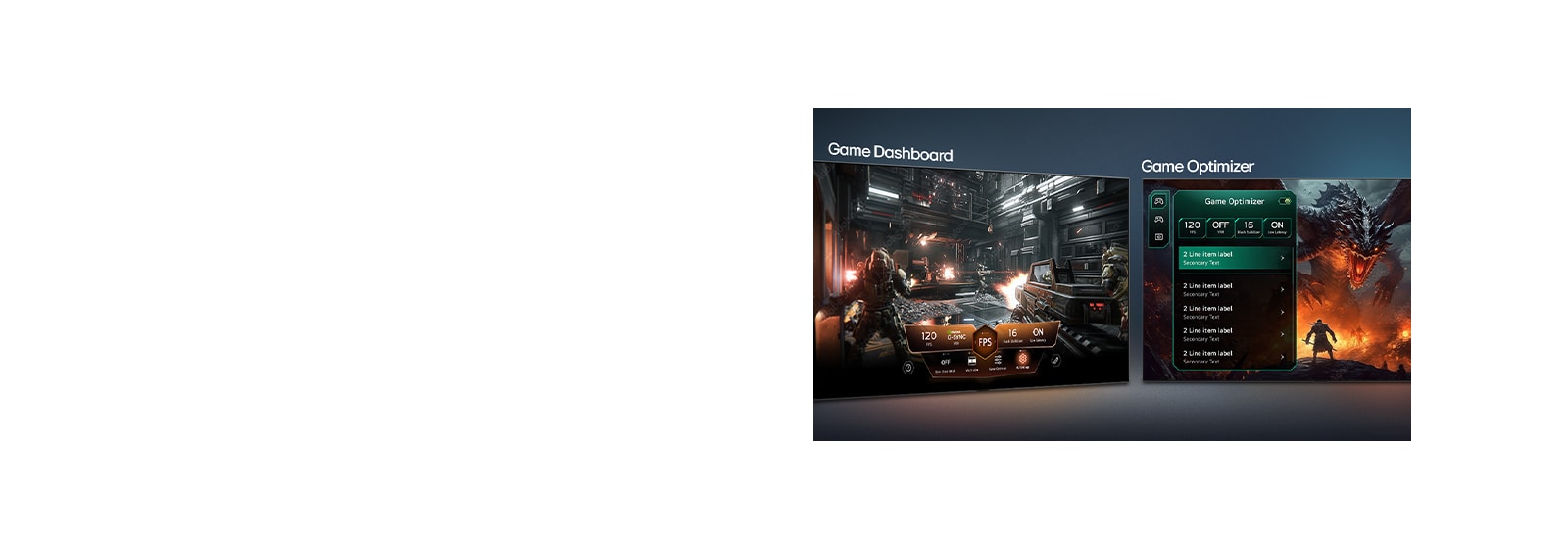 LG OLED evo AI C6 with Game Dashboard and Optimizer shows side-by-side game screens and an on-screen menu for adjusting gameplay settings such as refresh rate, latency, and visual modes in real time.