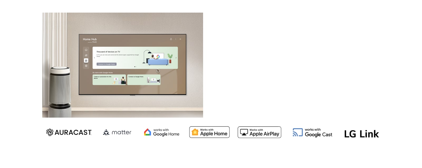 LG OLED evo AI C6 with Smart Connectivity displays the Home Hub interface on screen, showing connections to Google Home and LG ThinQ, with panels for TV, devices, and apps in a single control layout. 