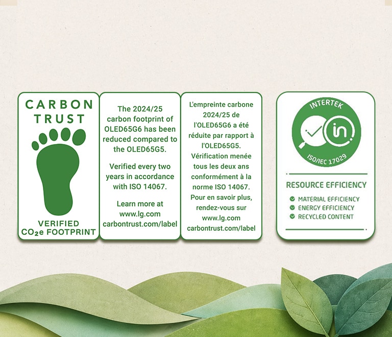LG OLED evo AI G6 with carbon footprint reduction verified by the Carbon Trust and resource efficiency certified by Intertek, shown with certification badges emphasizing reduced environmental impact across materials and energy.
