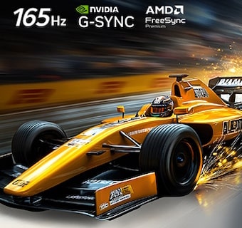 LG OLED evo AI G6 for Unbeatable Gameplay in 4K 165Hz shows a high-speed racing game with a yellow open-wheel car in motion, with NVIDIA G-SYNC and AMD FreeSync Premium logos visible at the top of the screen.