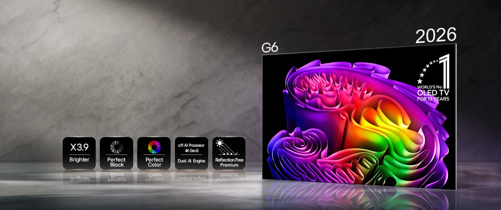 LG OLED evo AI G6, powered by Hyper Radiant Color Tech, displays a vivid abstract paper art image on screen with icons for X3.9 Brighter peak brightness, Perfect Black, Perfect Color, alpha 11 AI Processor 4K Gen3 Dual AI Engine, and Reflection Free Premium.