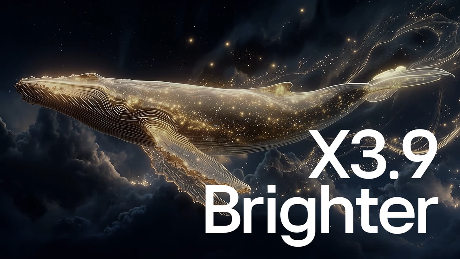 LG OLED evo AI G6 with Brightness Booster Ultra shows a dark scene where glowing particles surrounding a whale silhouette, delivering up to 3.9x brighter peak brightness with higher luminance and clearer detail.