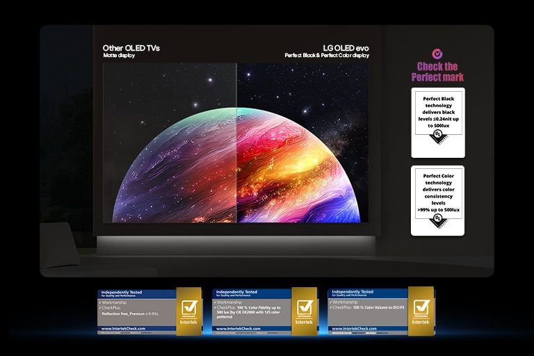 LG OLED evo AI G6 shows a split-screen planet-and-stars scene, comparing Other OLED TVs Matte display with its Perfect Black & Perfect Color display for clearer picture quality in any light, supported by UL certification and Intertek certifications for color accuracy and Reflection-Free.