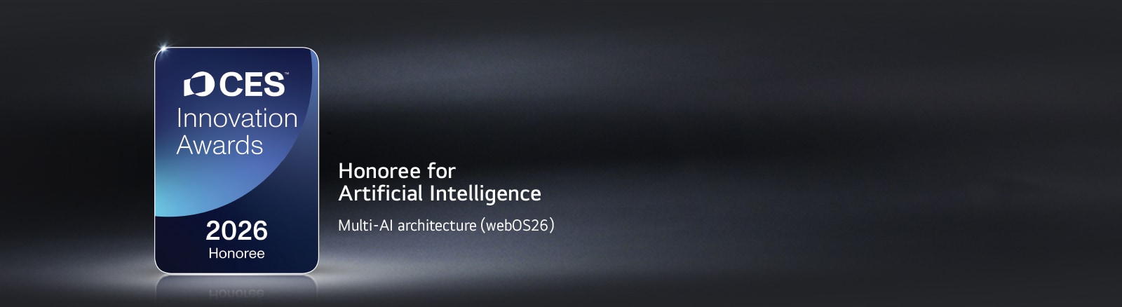 The CES Innovation Awards 2026 Honoree badge is shown on a dark background. Multi-AI Architecture is recognized in the Artificial Intelligence category.