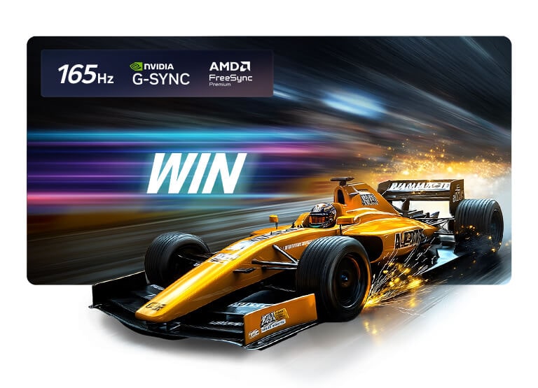 LG OLED evo AI G6 for Unbeatable Gameplay in 4K 165Hz shows a high-speed racing game with a yellow open-wheel car in motion, bold “WIN” text on screen, and NVIDIA G-SYNC and AMD FreeSync Premium logos at the top. 