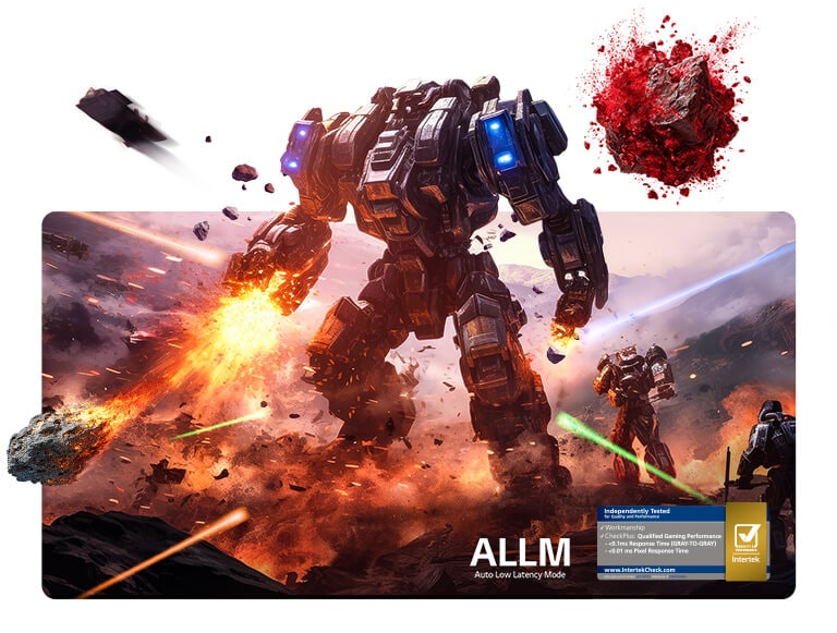 LG OLED evo AI G6 with low input-lag shows an intense gaming scene with a towering combat robot amid explosions, with on-screen text referencing Auto Low Latency Mode (ALLM) and Intertek-certified Qualified Gaming Performance.