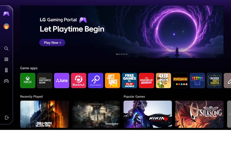 LG OLED evo AI G6 displays the LG Gaming Portal on the webOS screen, showing a gaming hub with a one-step interface that provides access to multiple game apps via cloud gaming services such as NVIDIA GeForce NOW and webOS apps.