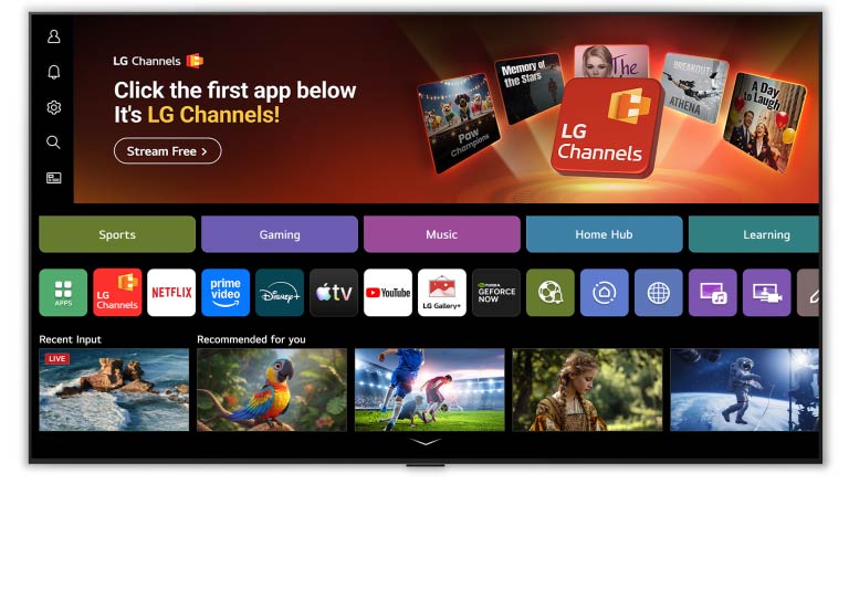 LG OLED evo AI G6 home screen navigates into the LG Channels interface, showcasing free live TV channels, movies, and exclusive content. The video highlights direct access to hundreds of entertainment options.