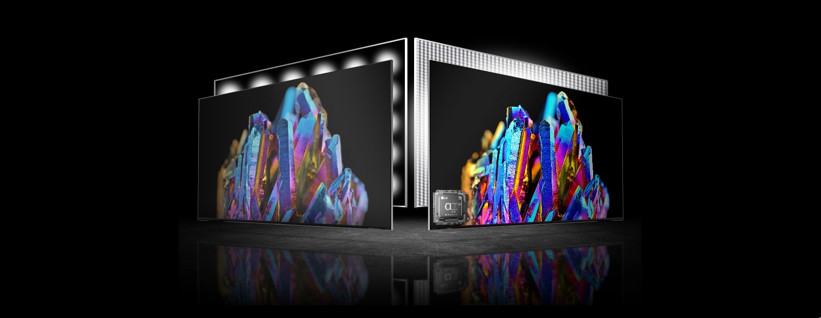 There are two TV screens – one on left another on right. There are same images of a colorful crystal on each TV. An image on left is a bit pale while an image on right is very vivid. There is a processor chip image on left bottom corner of a TV on right image.