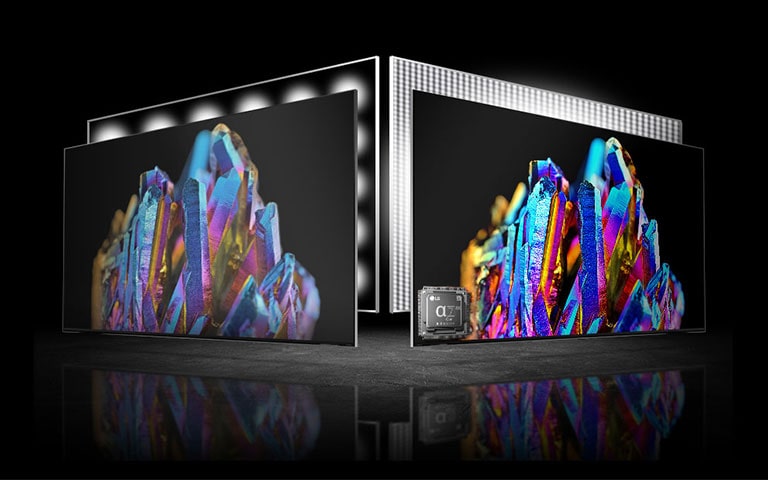 There are two TV screens – one on left another on right. There are same images of a colorful crystal on each TV. An image on left is a bit pale while an image on right is very vivid. There is a processor chip image on left bottom corner of a TV on right image.