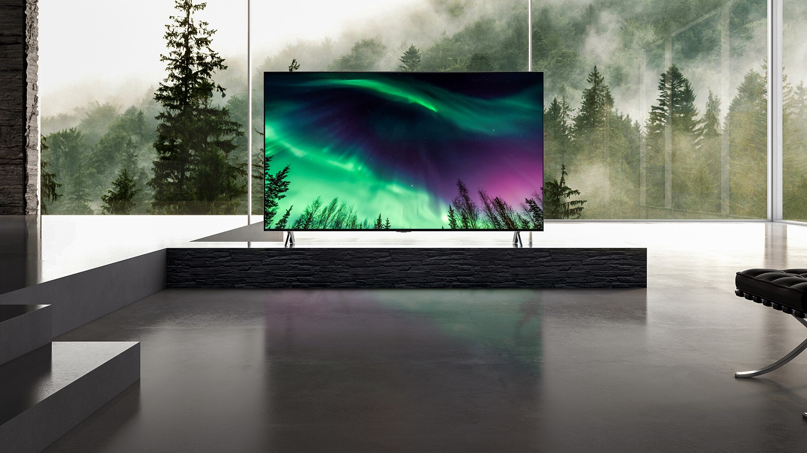 Camera moves from a close-up of top of TV down to a close-up of front of TV. TV screen shows green aurora. Camera zooms out to show very wide living room area. The living room is gray overall and there shows a forest through window outside.