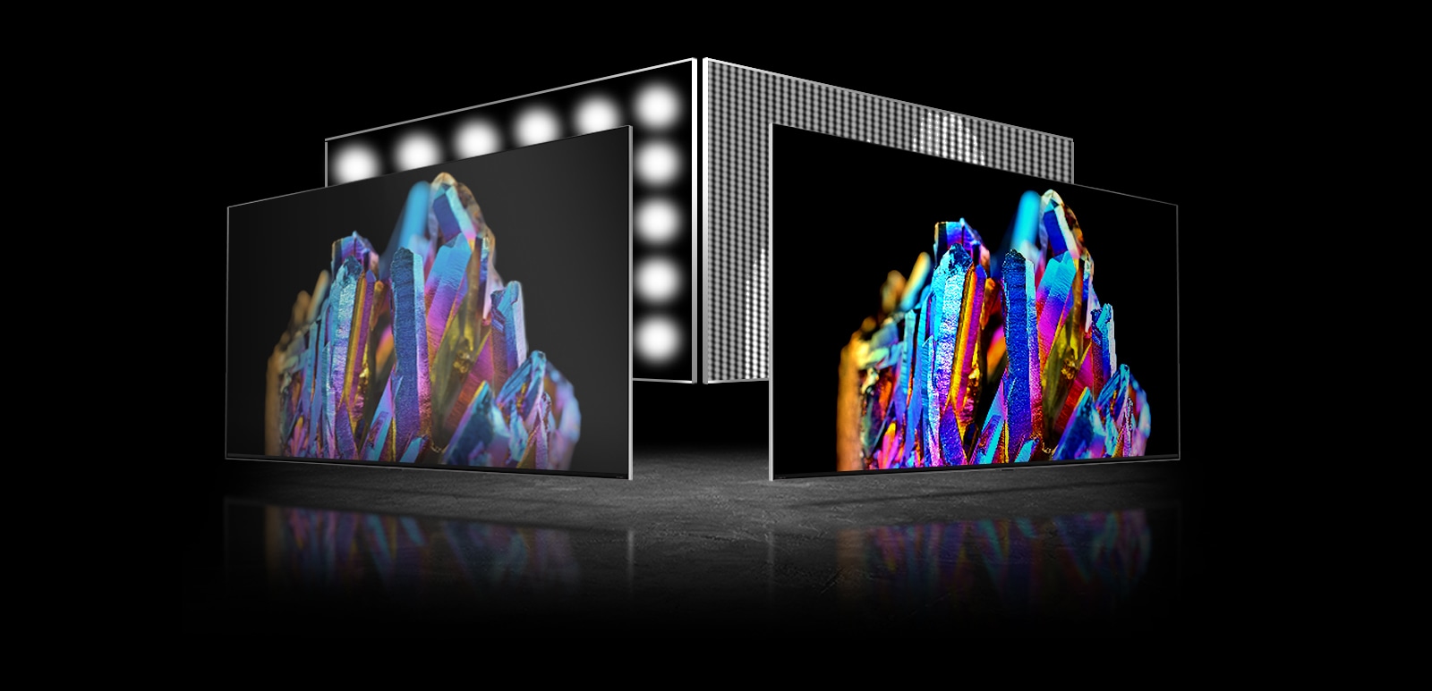 There are two TV screens – one on left another on right. There are same images of a colorful crystal on each TV. An image on left is a bit pale while an image on right is very vivid. There is a processor chip image on left bottom corner of a TV on right image.