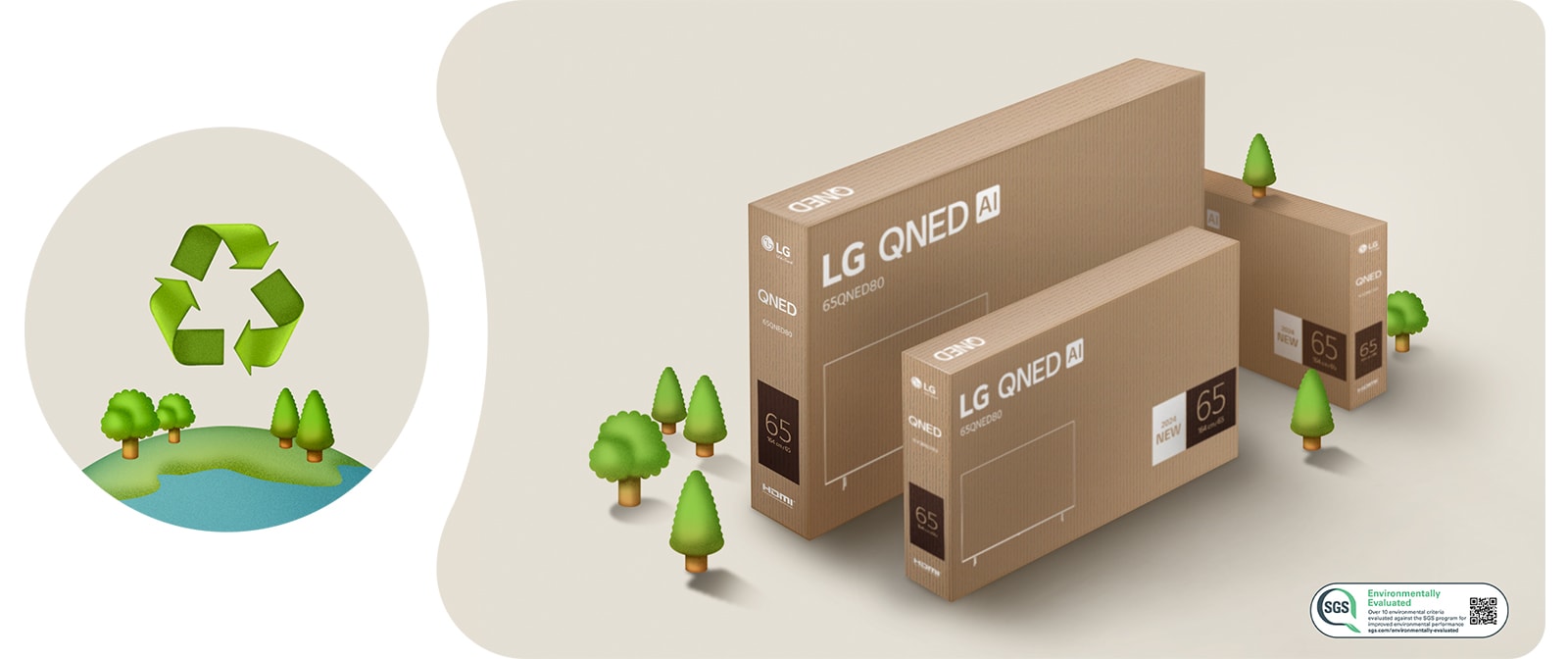 LG QNED packaging against a beige background with illustrated trees. 