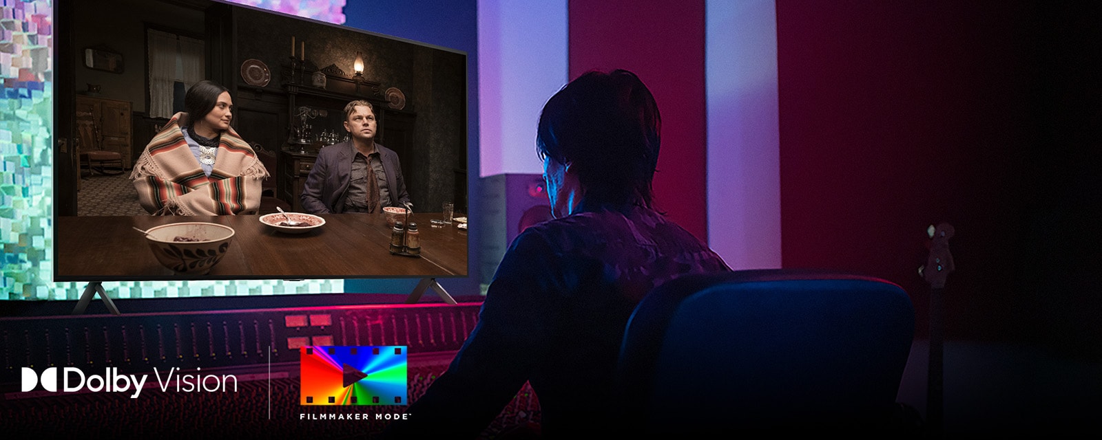 A director in front of a control panel editing the movie "Killers of the Flower Moon" on an LG QNED TV. In the bottom left, the Dolby Vision logo and FILMMAKER MODE logo. Below the image are logos for Netflix, HBOmax, Prime Video, Disney Plus, Apple TV and LG Channels. 