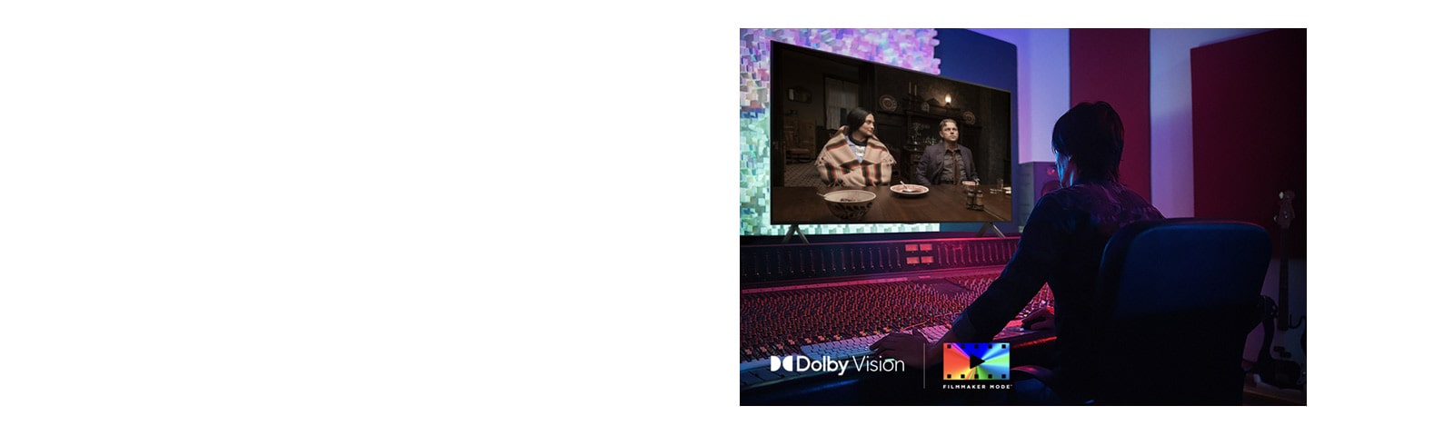 A director in front of a control panel editing the movie "Killers of the Flower Moon" on an LG QNED TV. In the bottom left, the Dolby Vision logo and FILMMAKER MODE logo.