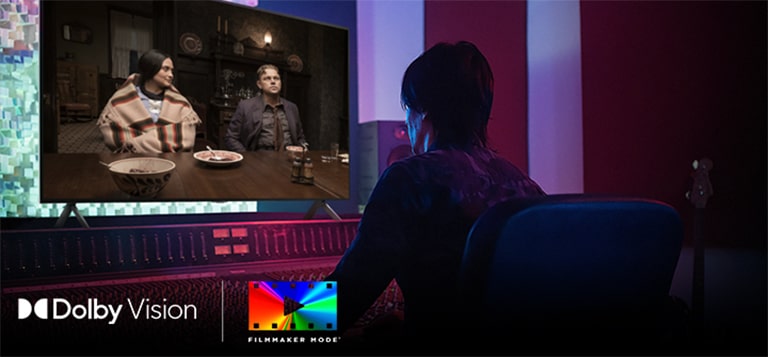 A director in front of a control panel editing the movie "Killers of the Flower Moon" on an LG QNED TV. In the bottom left, the Dolby Vision logo and FILMMAKER MODE logo. Below the image are logos for Netflix, HBOmax, Prime Video, Disney Plus, Apple TV and LG Channels. 