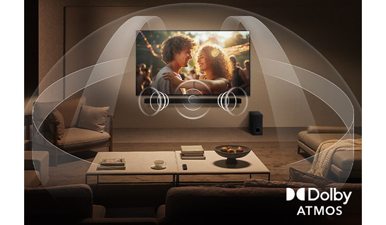 Dimly lit, cozy living room with a LG QNED TV on a wall with a LG Soundbar. Graphics show how Dolby Atmos fills the whole space with surround sound from all directions. Dolby Atmos logo is at the bottom right corner.