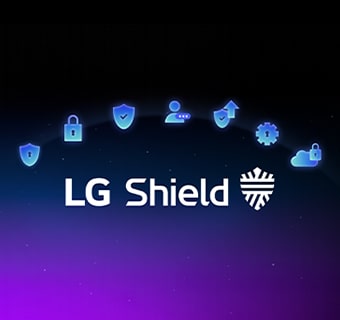 LG Shield emblem is shown on a dark background with security icons, highlighting webOS protection for privacy, data security, and system integrity.