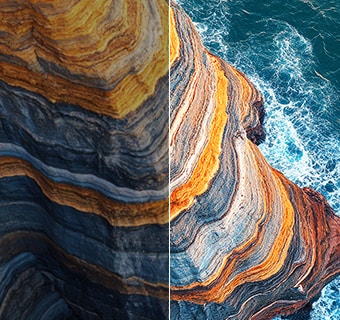 LG QNED AI QNED70 Mini LED highlights Mini LED through a split coastal cliff scene, comparing conventional LED with deeper blacks and more refined contrast across layered rock textures and ocean details for greater clarity and depth.