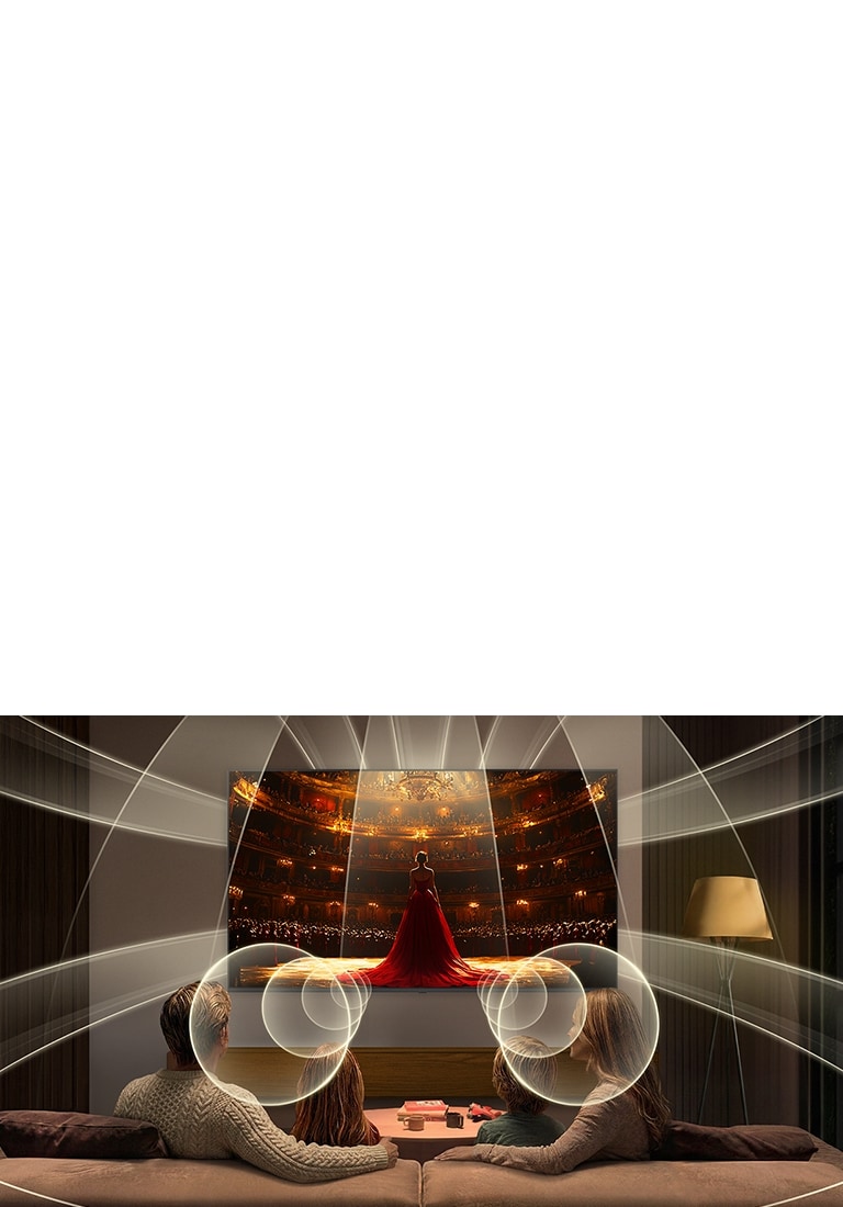 LG QNED AI QNED70 Mini LED with Virtual 9.1.2 Ch fills a modern living space as an opera performance plays on screen, delivering multi-directional sound that surrounds the seating area and enhances immersion throughout the room.