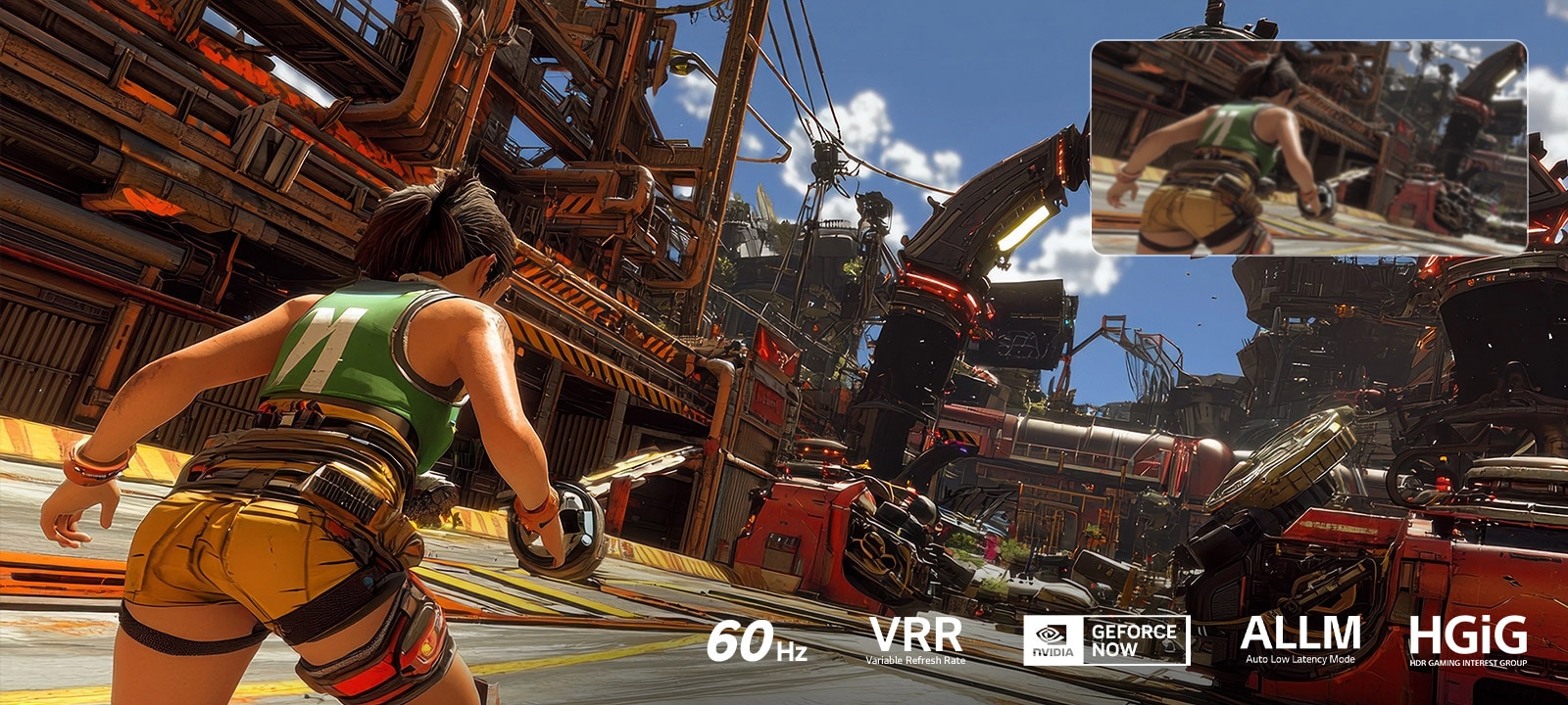 LG QNED AI QNED70 Mini LED for Ultimate Gameplay shows a fast-paced action game scene with a comparison inset highlighting smoother motion, while supporting up to 60Hz, VRR, ALLM, HGiG, and GeForce NOW.