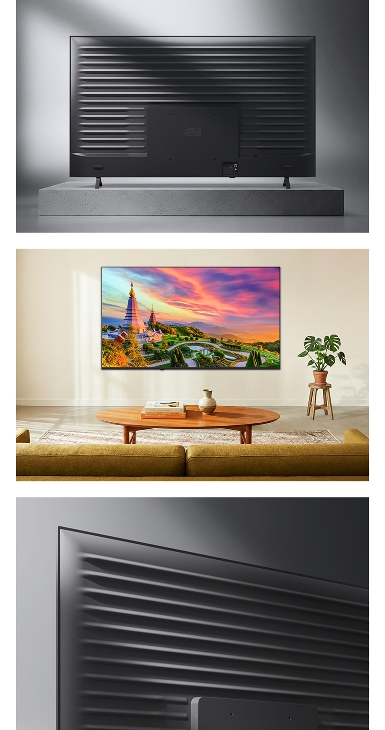 LG QNED AI QNED70 Mini LED with Linear Flow Design is presented in a multi-angle view, with a rear panel shown at the top, a slim wall-mounted living room scene at the bottom left, and a close-up of the ridged metal back at the bottom right.
