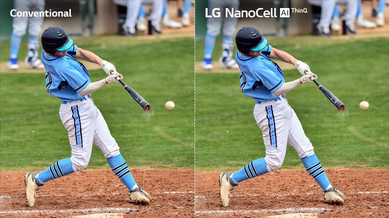 A scene from a football game, half on an conventional LCD/LED TV with blurry picture quality, and other half on LG NanoCell TV with clear picture quality