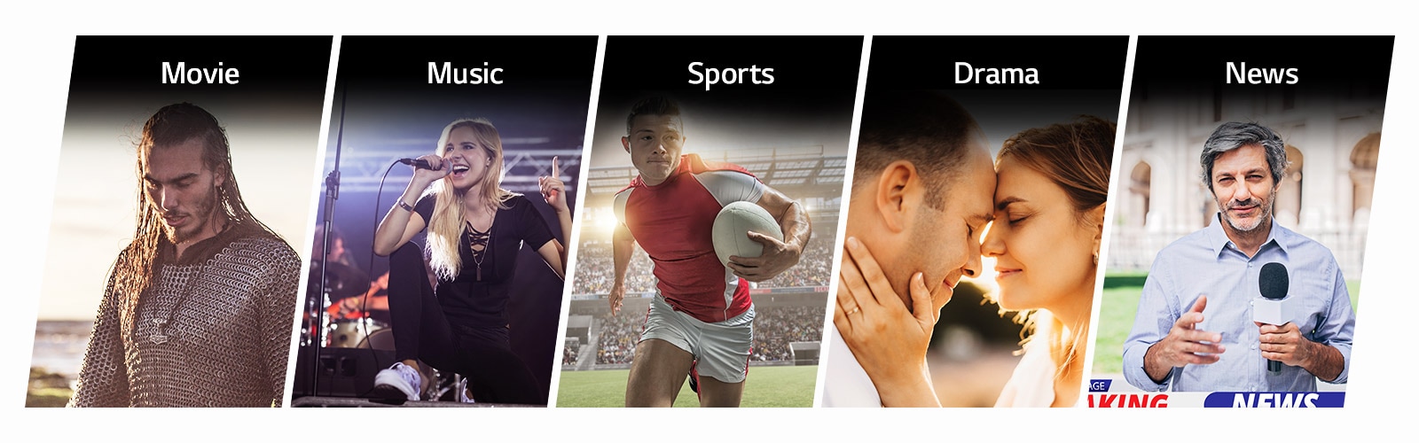 Five vertical title cards for Movie, Music, Sports, Drama and News