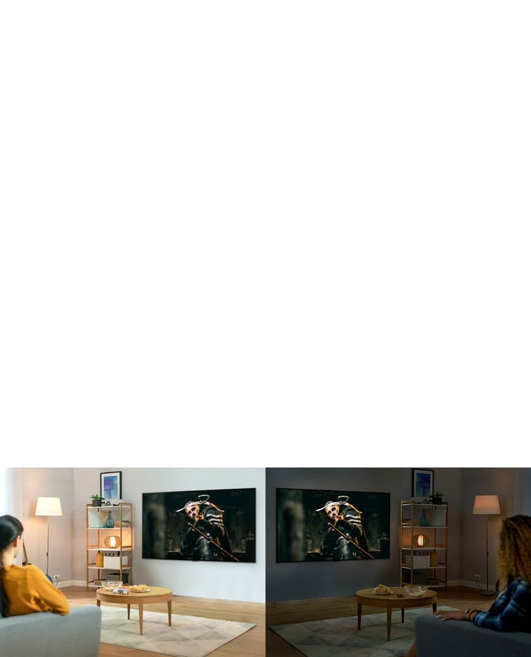 Two women watching the same scene on TV in mirrored living rooms and different brightness conditions