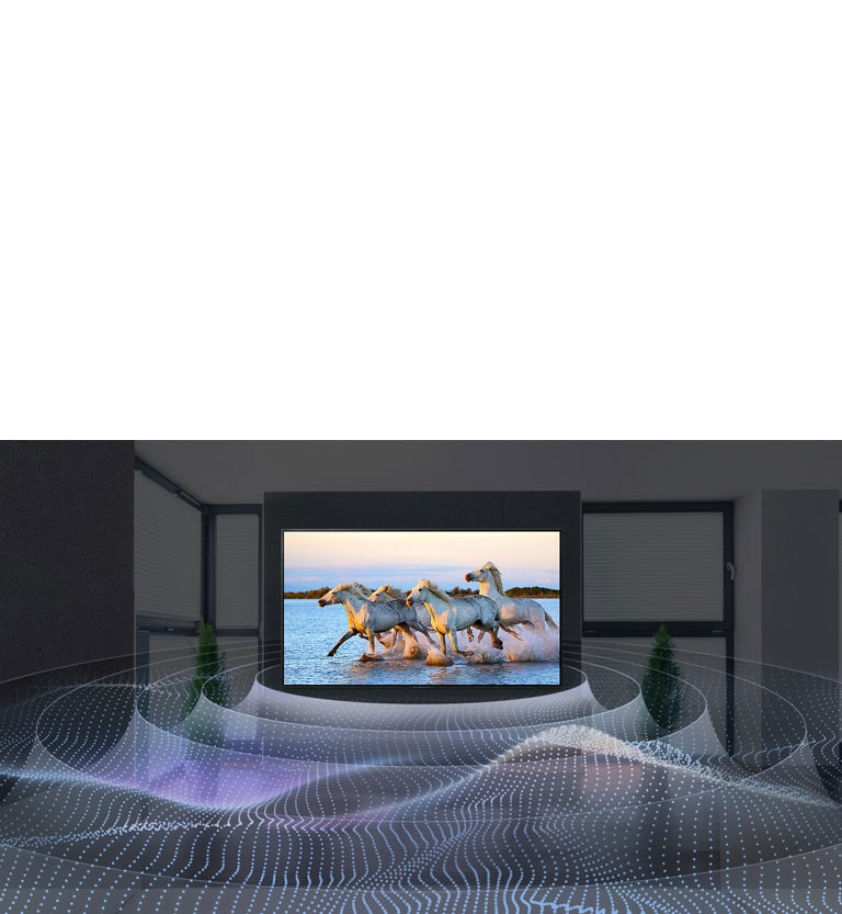 Four white horses running in the water on TV with surround sound graphic