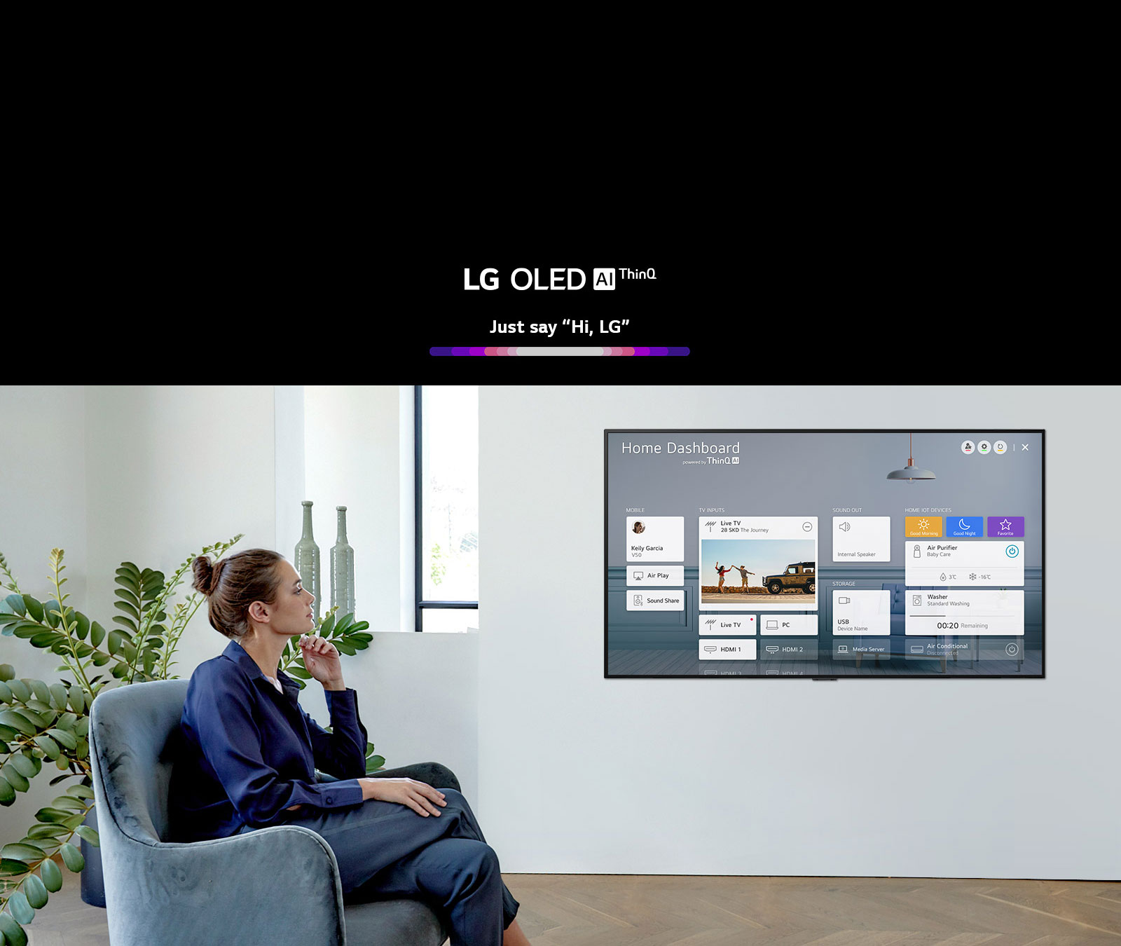 Woman sitting on a chair in the living room with the Home Dashboard on the TV screen