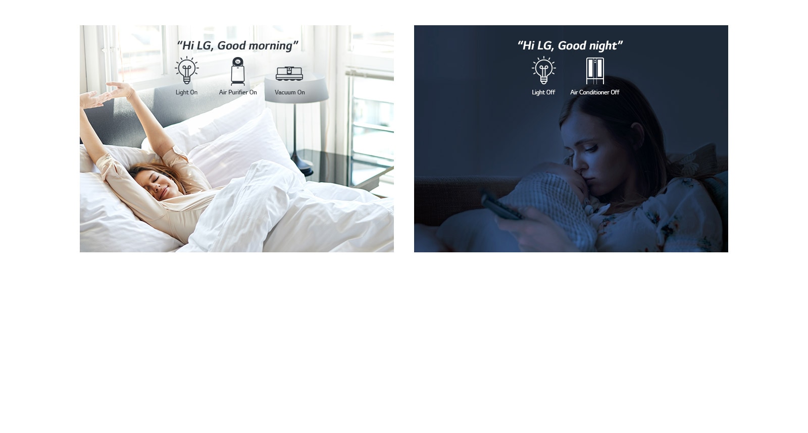 A woman in bed waking up in the morning (left) and with a baby at night (right)