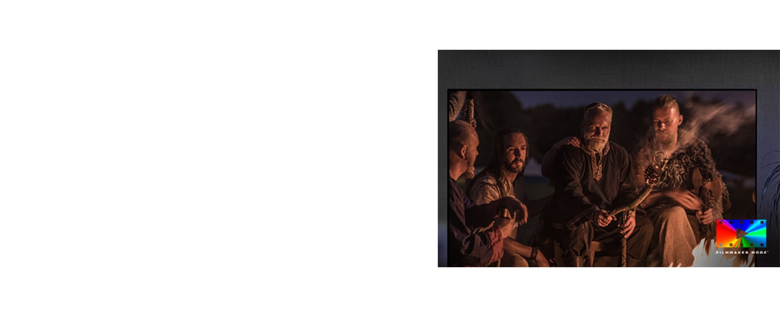 A scene of a fantasy movie on a TV screen and filmmaker mode logo