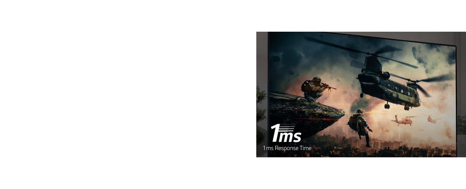 A TV screen displaying a battle game with armed soldiers and helicopters flying in the sky.