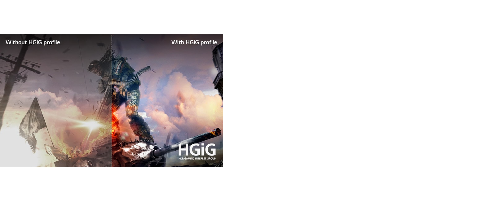 A game scene, half on a LCD/LED TV with poor picture quality, and other half on a LG OLED TV with crisp, vivid picture quality