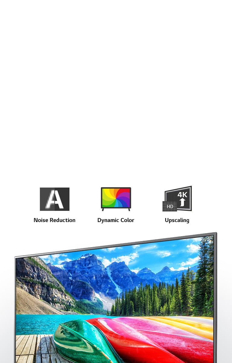Noise reduction, dynamic color, and upscaling icons and a TV screen showing  a scenic shot of mountains, forest, and a lake.