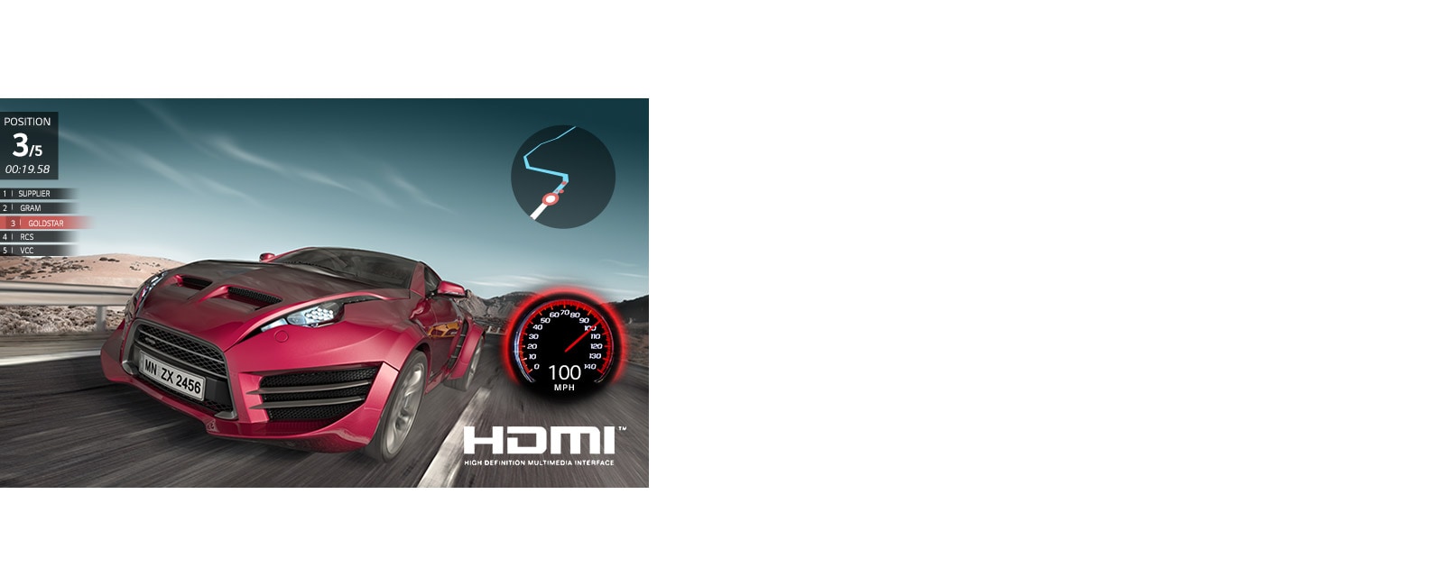 A scene from a car racing game. Red car is shown up-close ranking third place.