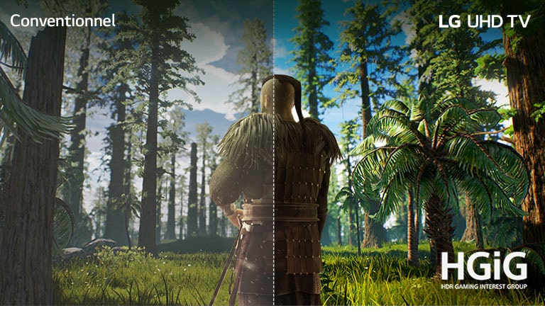 TV screen showing a game scene with the man standing in the middle of a forest. Half is shown on a conventional screen with poor picture quality. Other half is shown on LG UHD TV screen with crisp, vivid picture quality.
