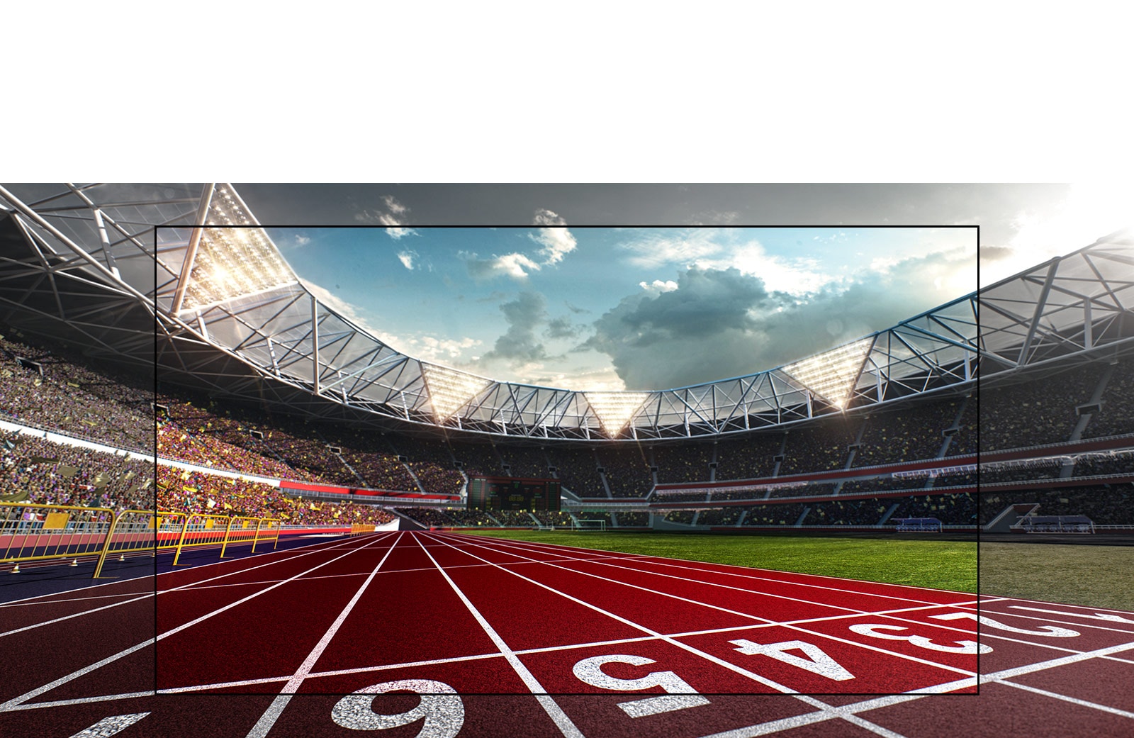 Écran de télévision montrant un stade avec une vue rapprochée de la piste d'athlétisme.  Le stade est rempli de spectateurs.