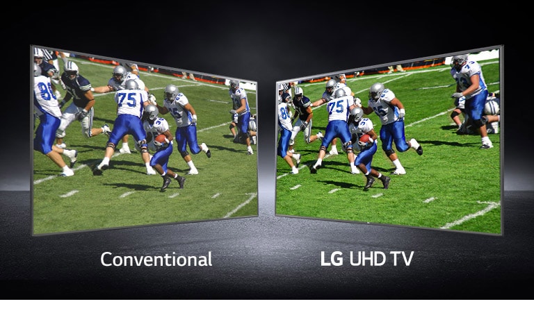 A picture of players playing on a football field shown at views. One shown on a conventional screen and one on an UHD TV.