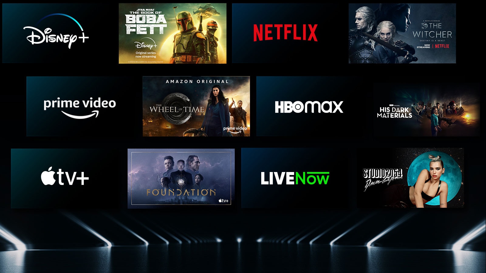 Image showing a variety of OTT services with their respective shows beside each logo.