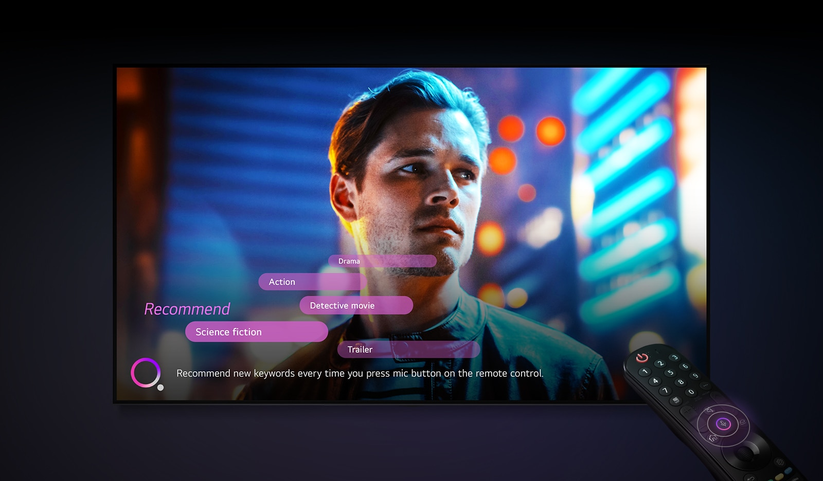 A man's face is displayed on the TV screen, and recommended keywords are displayed nearby.