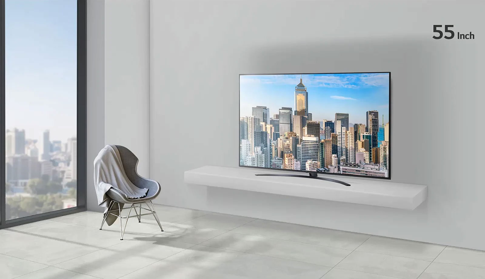 The size of a TV displaying skyscrapers in an office increases from 55 inches to 86 inches